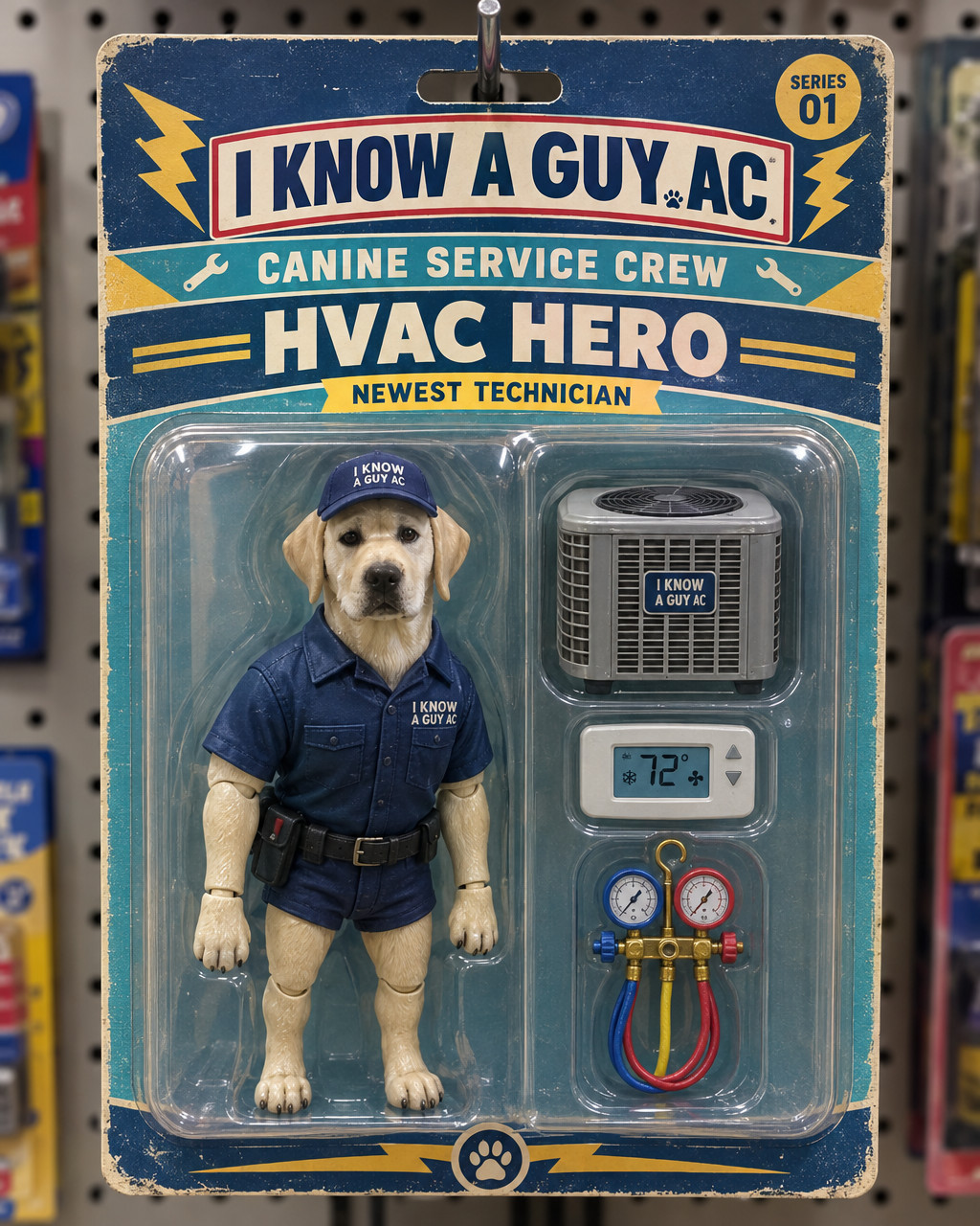 A dog as a boxed I Know A Guy AC technician action figure