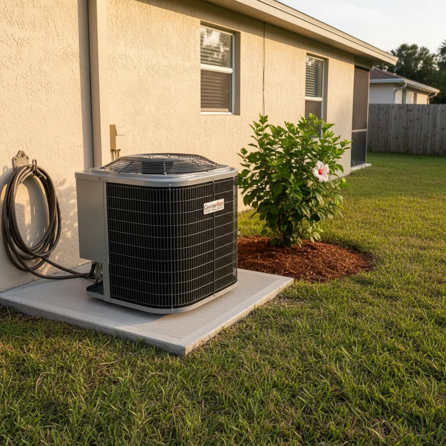 GrandAire condenser installed on a pad beside a Florida home