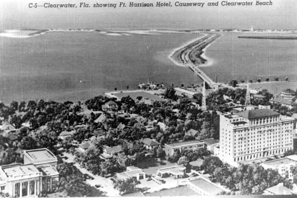 Vintage aerial postcard of the Fort Harrison Hotel and Clearwater Beach causeway