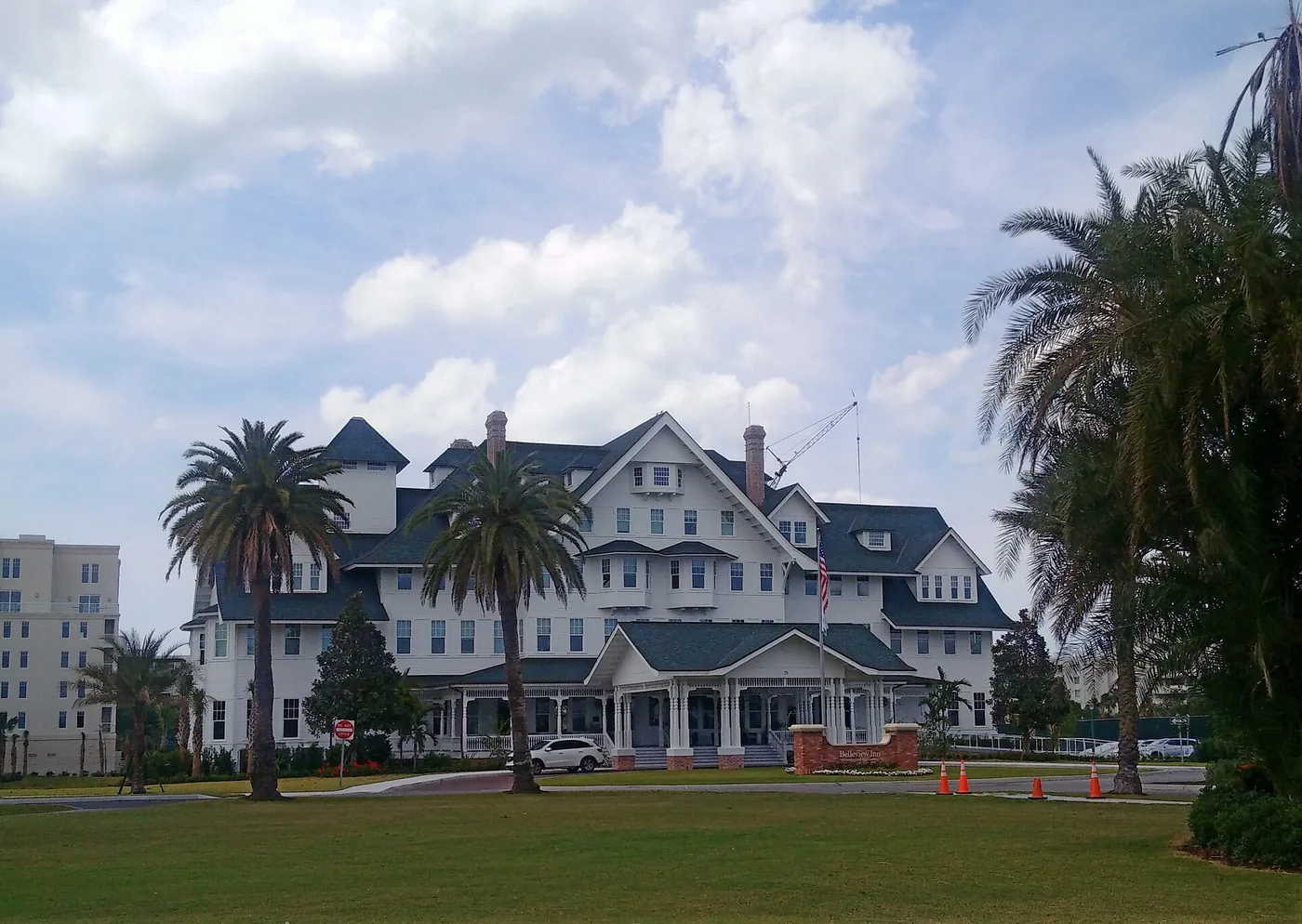 The restored white clapboard Belleview Inn with dormers and a columned porch, photographed in 2019.