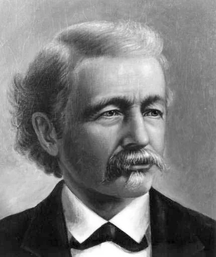 Engraved portrait of a 19th-century man with side-whiskers and a mustache in a dark coat and bow tie.