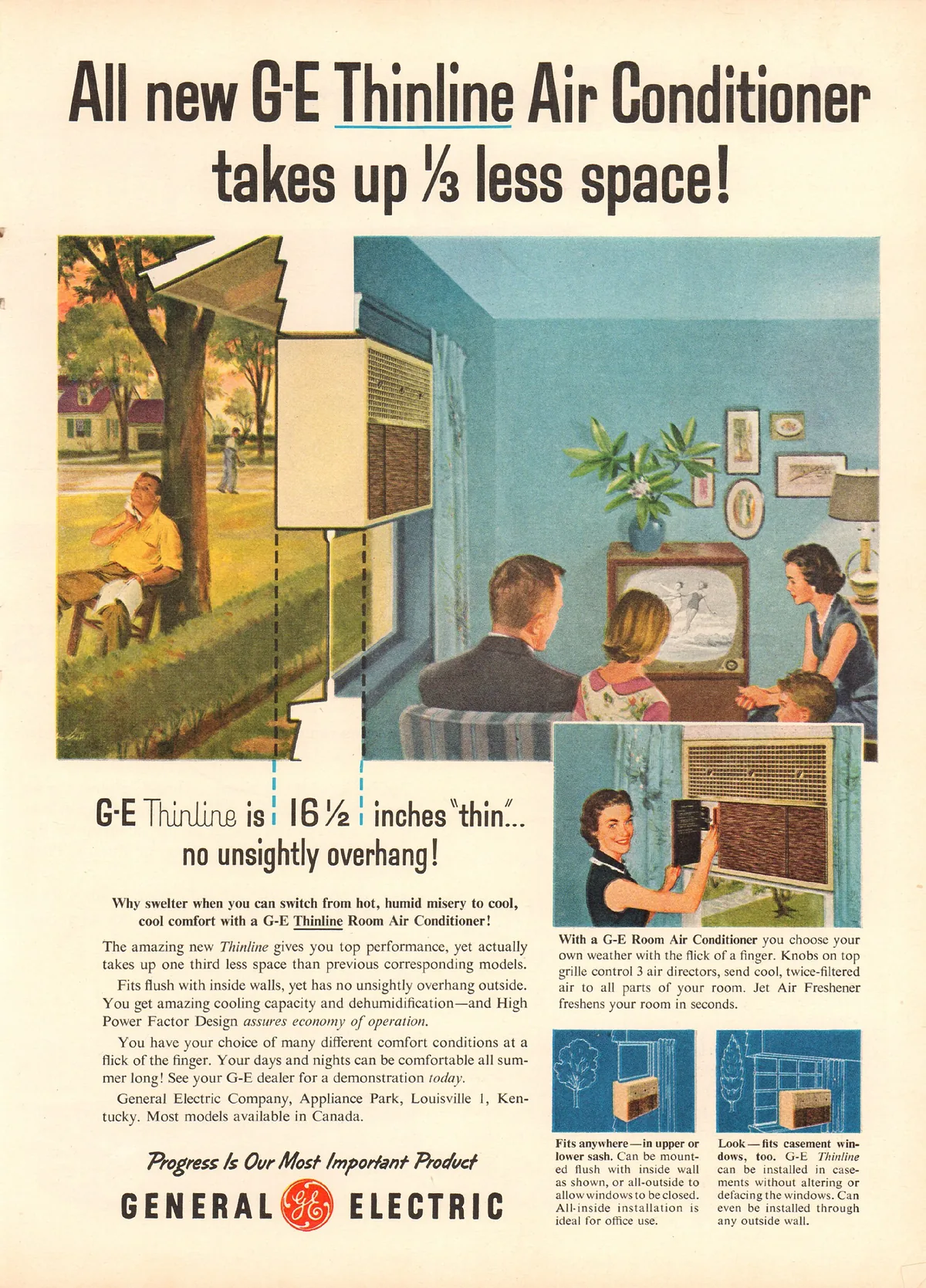 A 1956 General Electric magazine ad: a man sweltering outdoors under a tree on one side, a cool family watching TV indoors on the other, split by a window air conditioner.