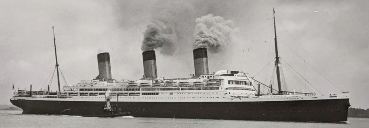 The four-funnel White Star ocean liner Majestic under way at sea.