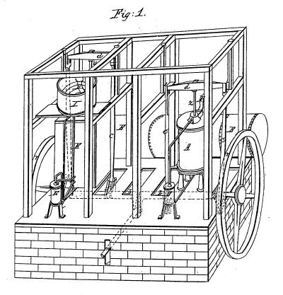 A boxy 19th-century mechanical device of wood and iron with a large flywheel.