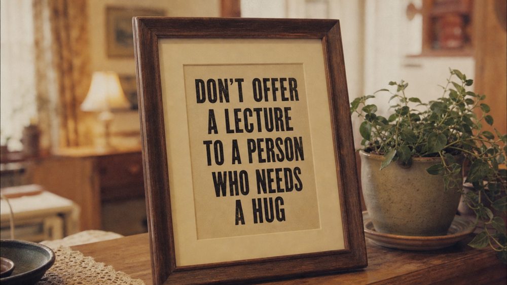A framed print reading ‘Don’t offer a lecture to a person who needs a hug’.
