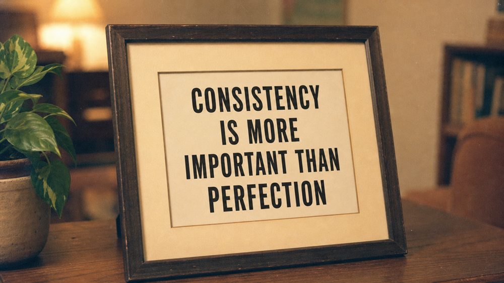 A framed print reading ‘Consistency is more important than perfection’.