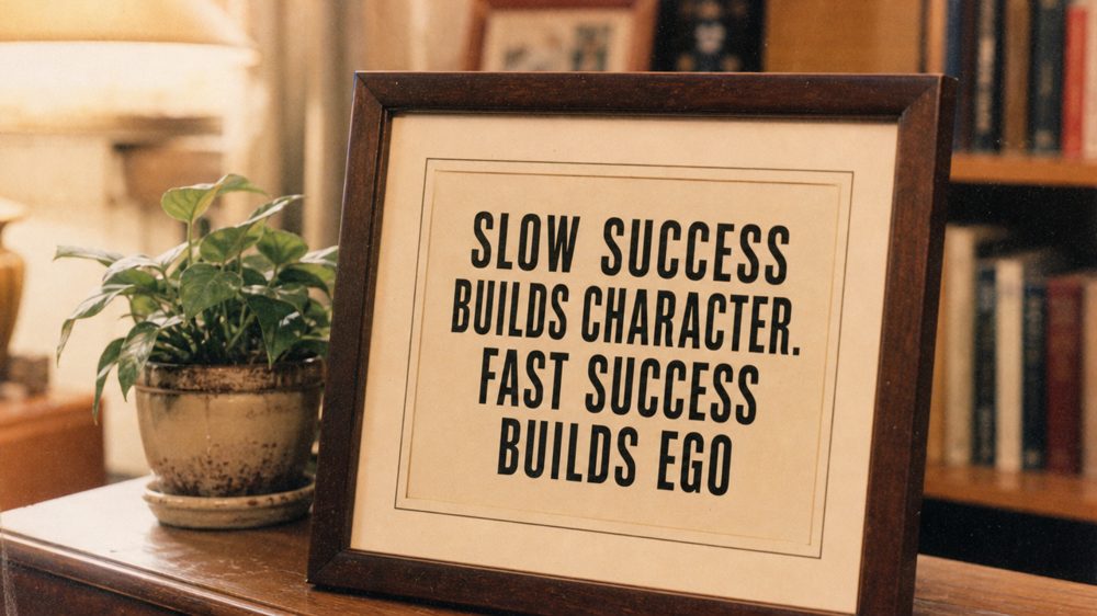 A framed print reading ‘Slow success builds character. Fast success builds ego’.