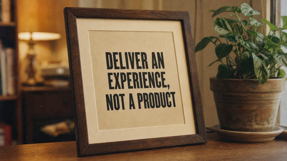 A framed print reading ‘Deliver an experience, not a product’ on a shelf.