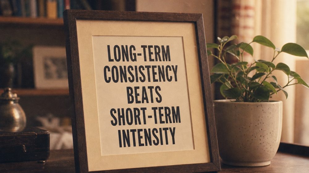 A framed print reading ‘Long-term consistency beats short-term intensity’.