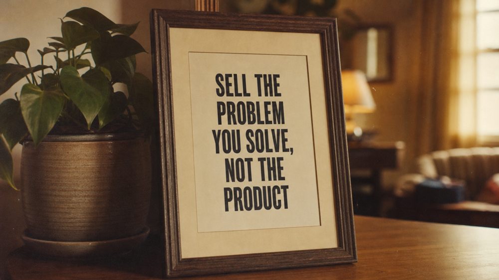 A framed print reading ‘Sell the problem you solve, not the product’.