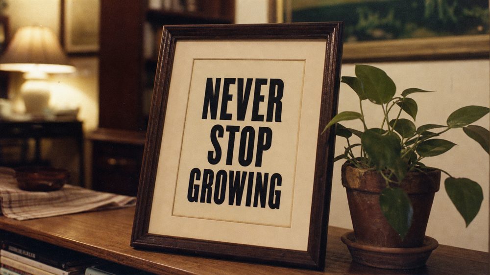 A framed print reading ‘Never stop growing’.