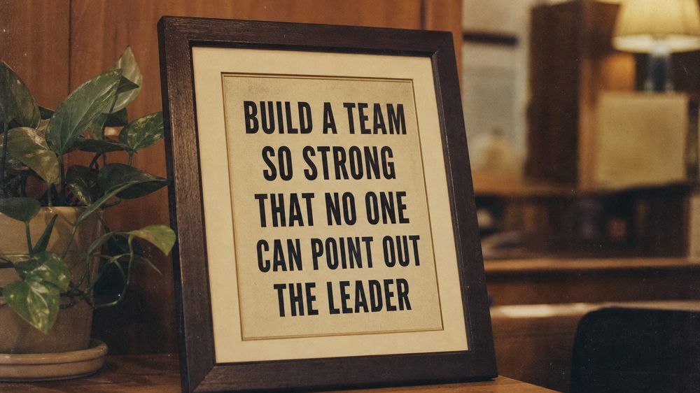 A framed print reading ‘Build a team so strong that no one can point out the leader’.