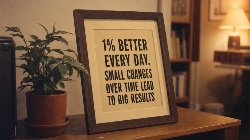 A framed print reading ‘1% better every day. Small changes over time lead to big results’.
