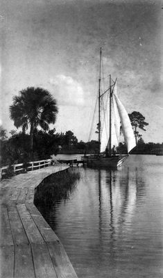 A two-masted sailing schooner sits on the calm water of a bayou beside a curving wooden boardwalk, a palm tree on the far bank.