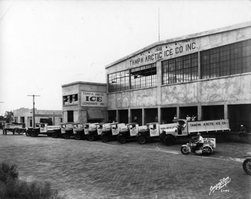A row of Tampa Arctic Ice Company delivery trucks, 1928.